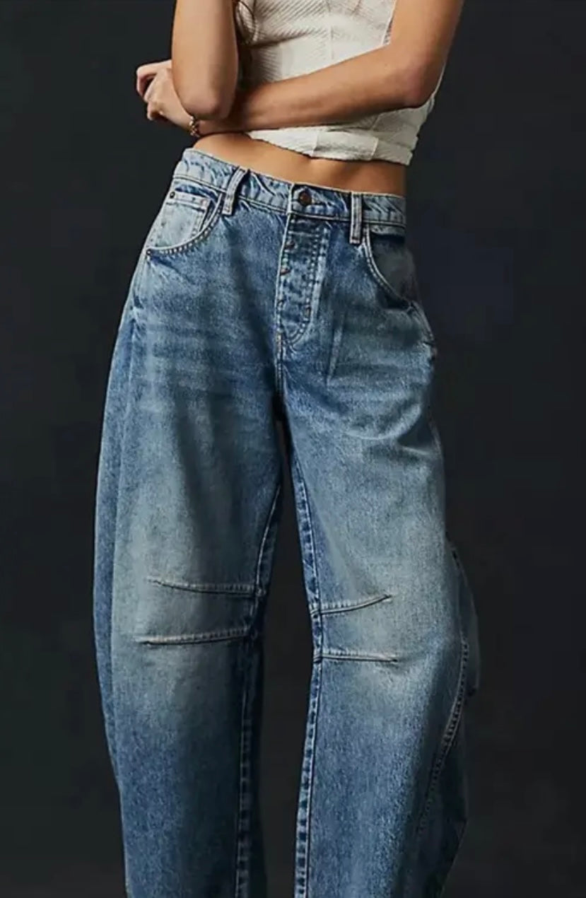 Blue Wide Leg Mid Waist Jeans