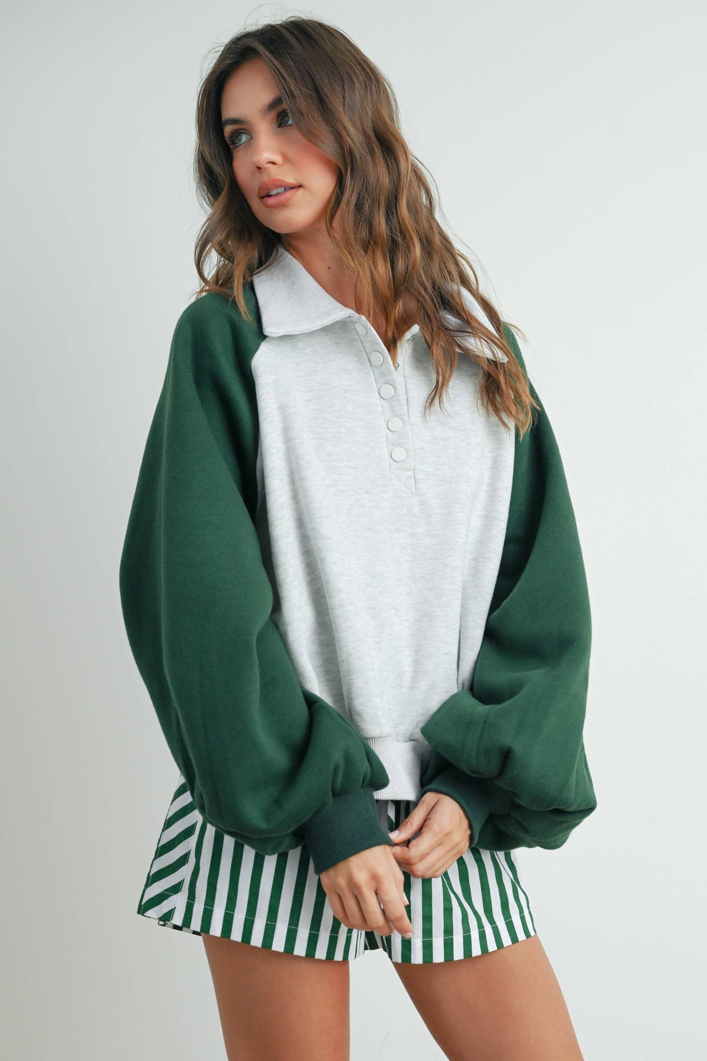 Color Block Classic Polo Sweatshirt - GREEN / GREY