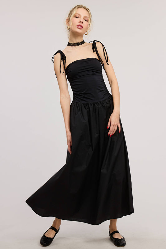 Black Long Ruched Dress With Ribbon Straps