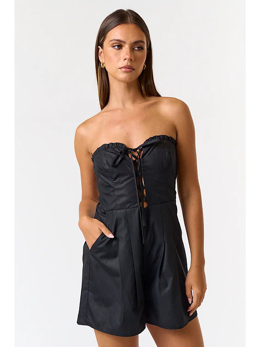 Lace Up Front Pleated Tube Romper Black