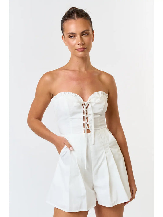 Lace Up Front Pleated Tube Romper White