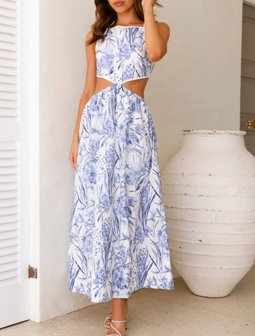 Lace-Up Halterneck Off-The-Waist Panelled Printed Dress