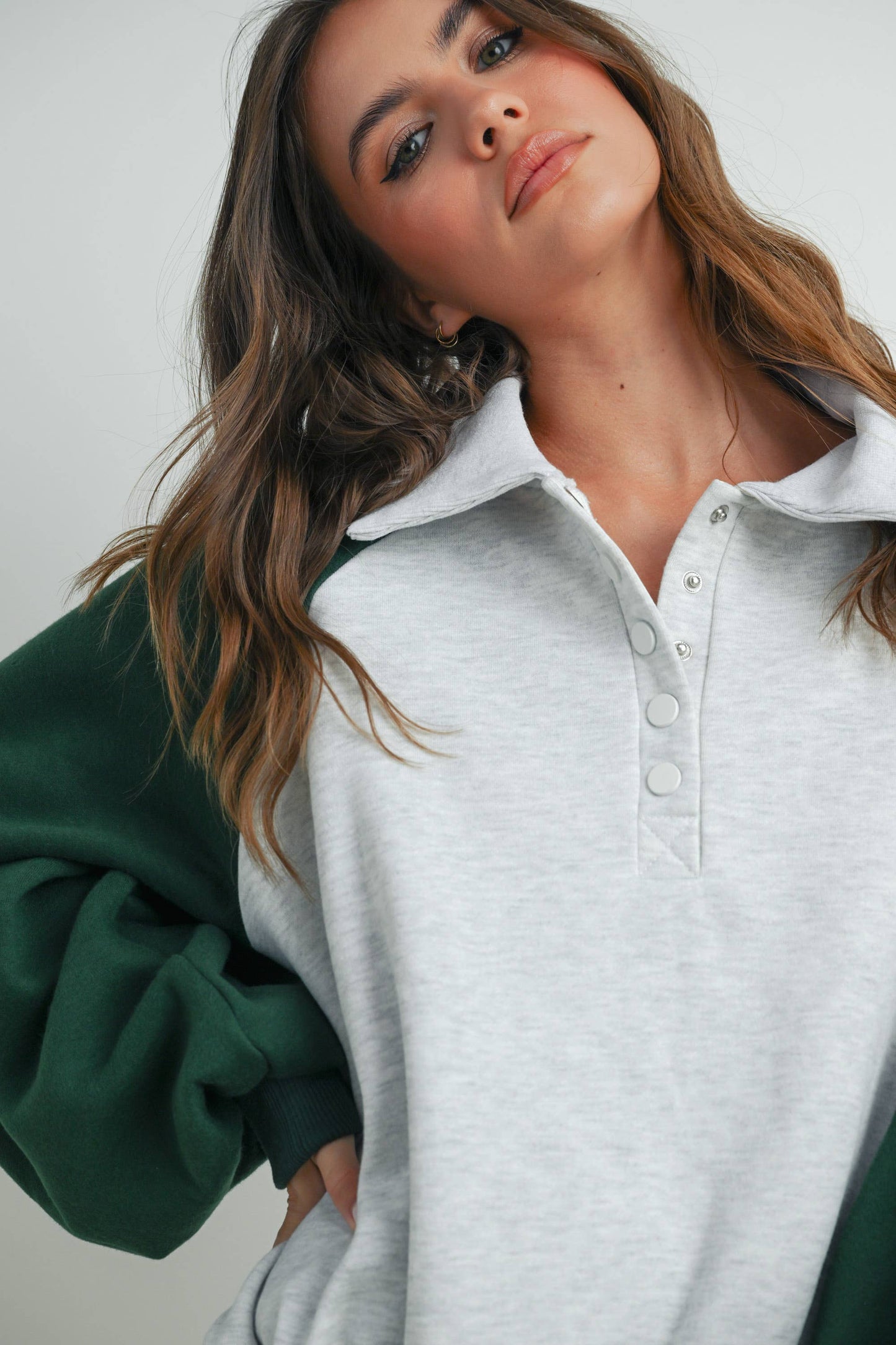 Color Block Classic Polo Sweatshirt - GREEN / GREY