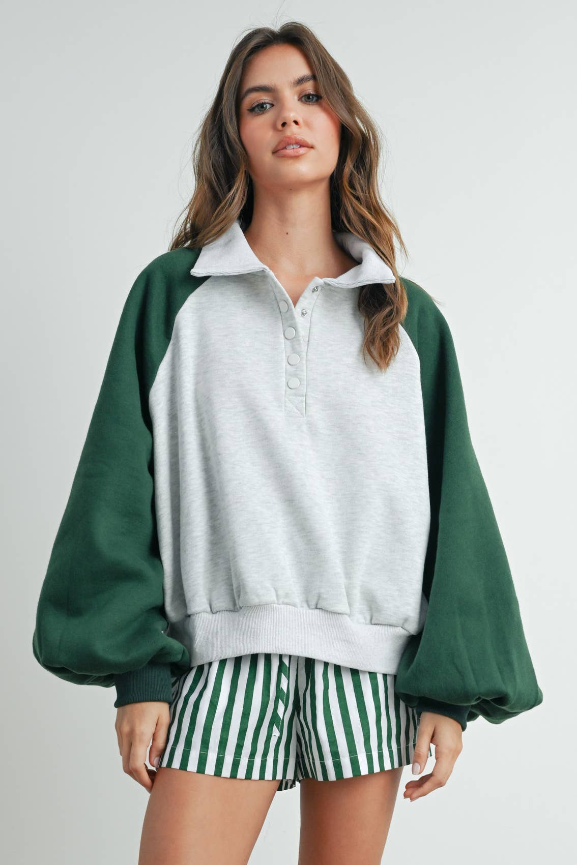 Color Block Classic Polo Sweatshirt - GREEN / GREY