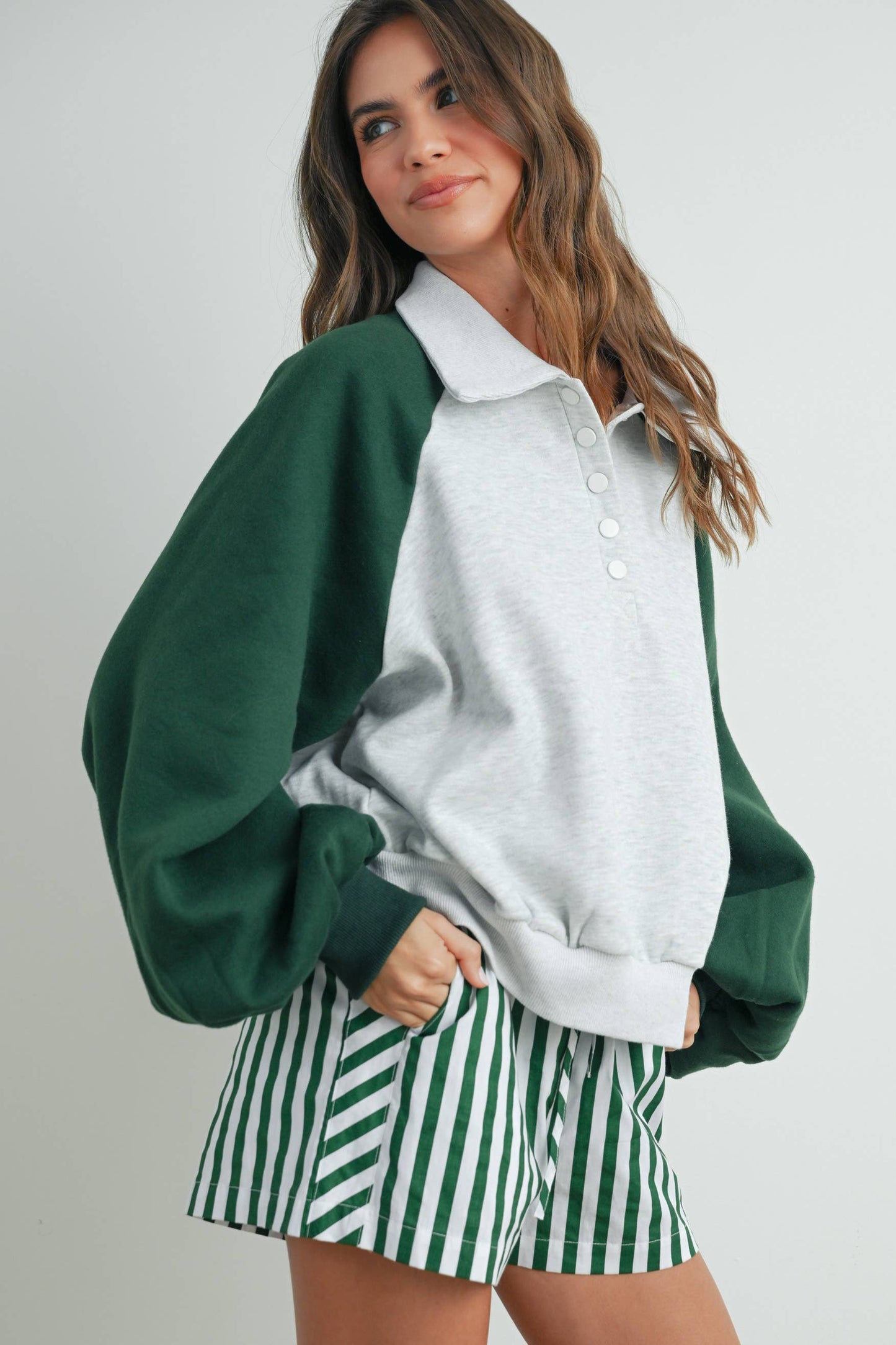 Color Block Classic Polo Sweatshirt - GREEN / GREY