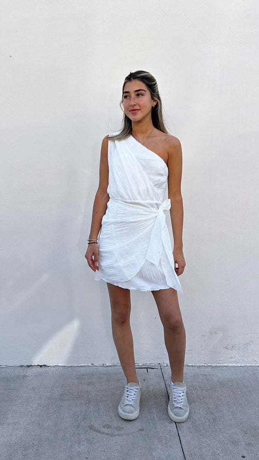 White One Shoulder Wrinkle Mini Dress