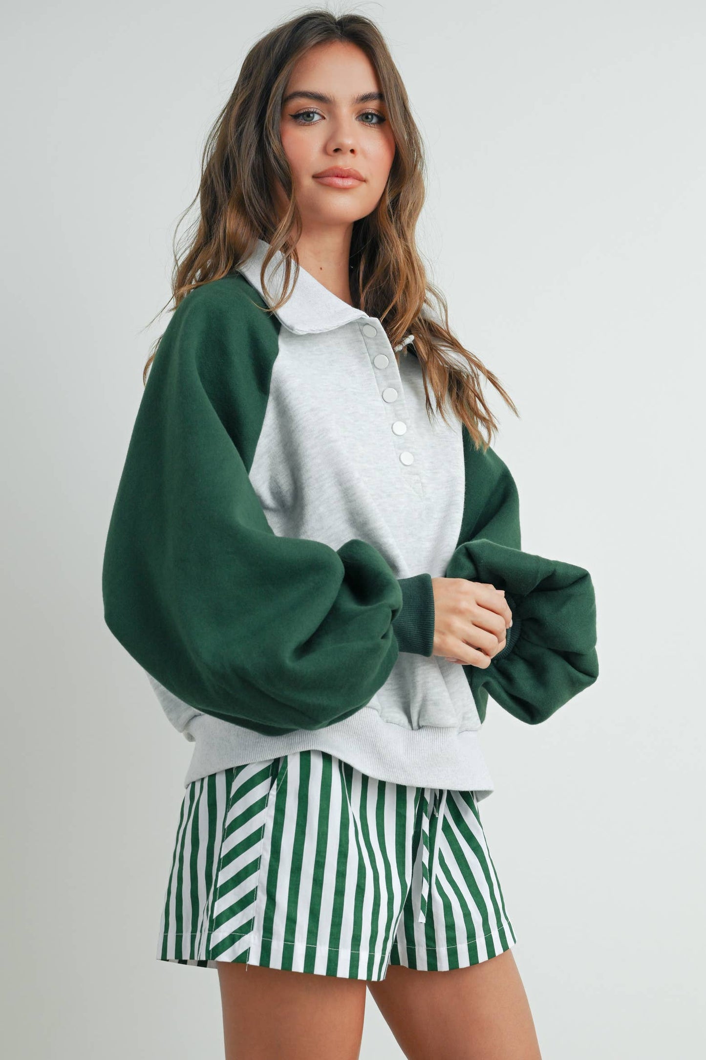 Color Block Classic Polo Sweatshirt - GREEN / GREY