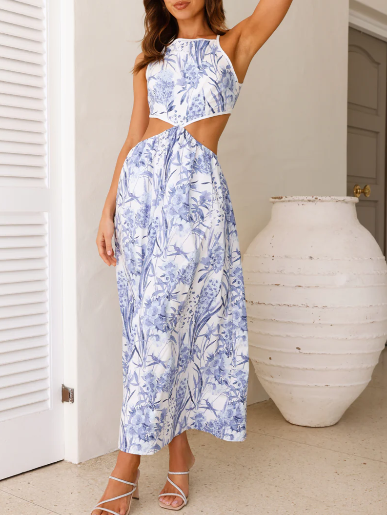 Lace-Up Halterneck Off-The-Waist Panelled Printed Dress