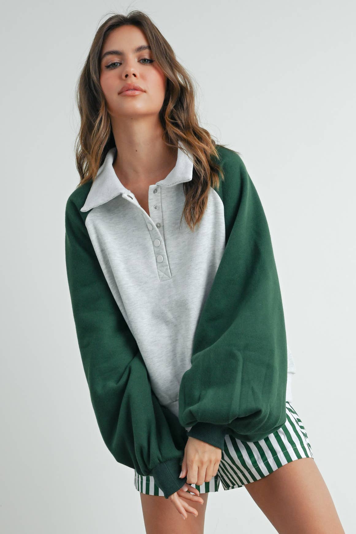 Color Block Classic Polo Sweatshirt - GREEN / GREY