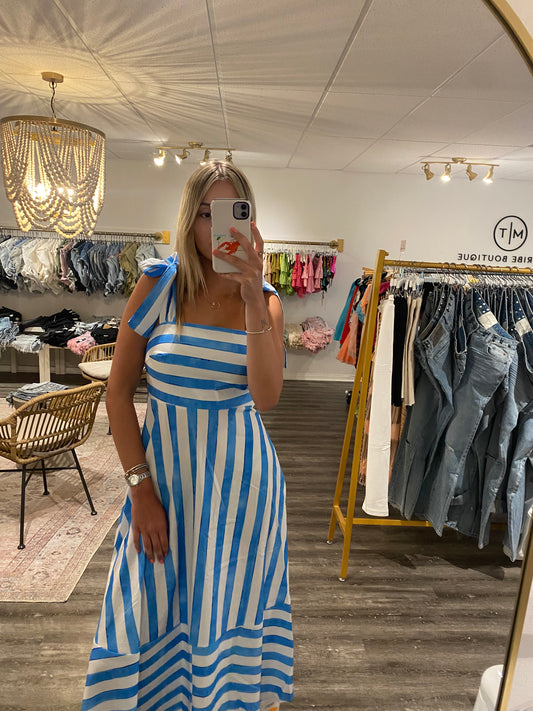 Striped Summer Dress in Sky Blue with Lace Up Straps