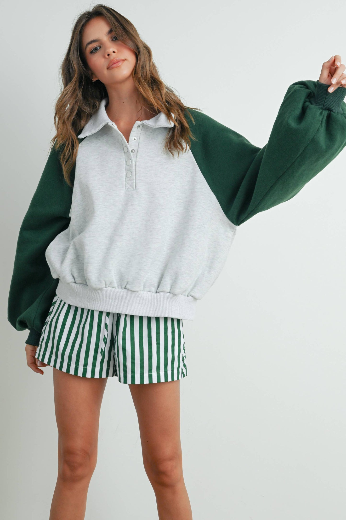 Color Block Classic Polo Sweatshirt - GREEN / GREY