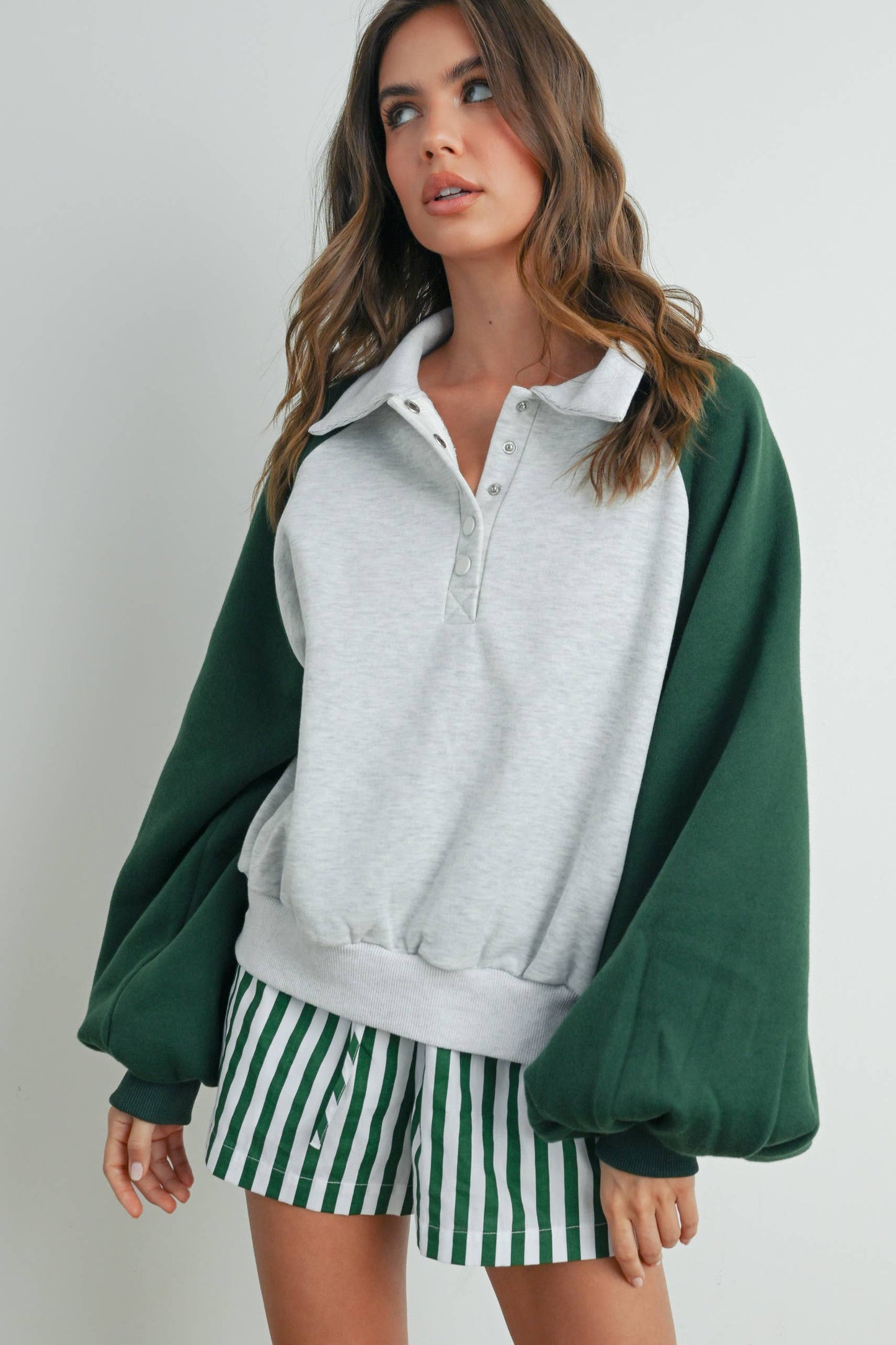 Color Block Classic Polo Sweatshirt - GREEN / GREY