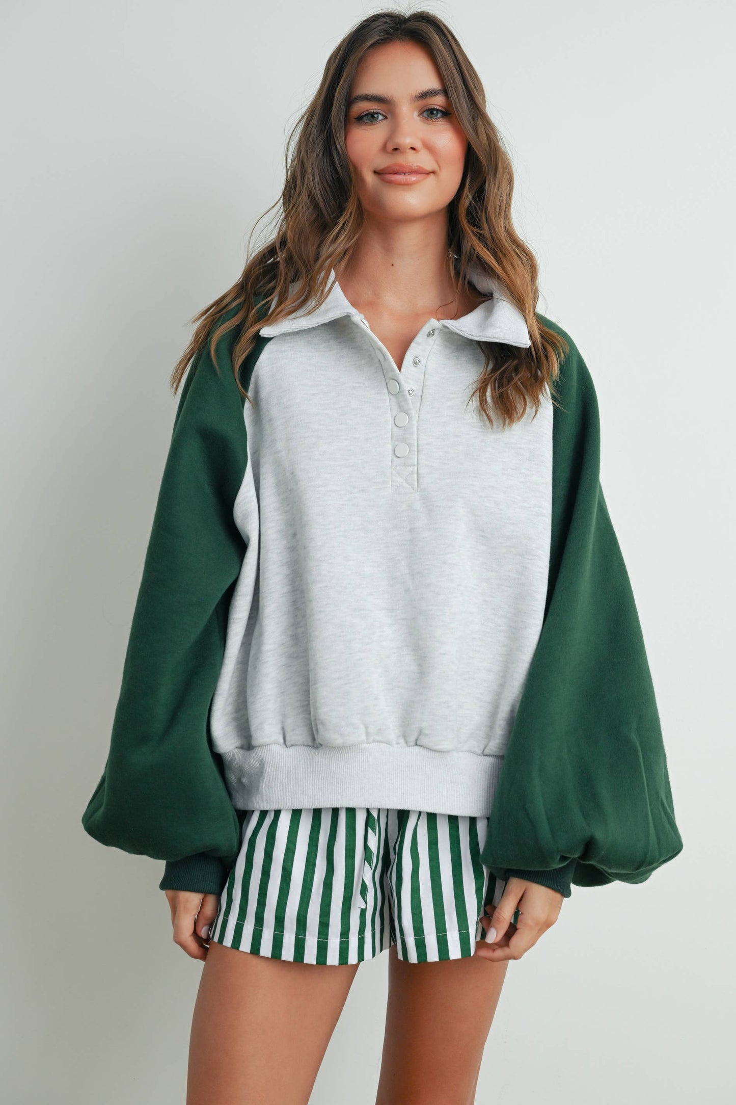 Color Block Classic Polo Sweatshirt - GREEN / GREY