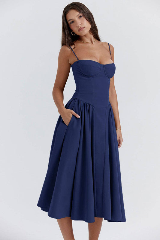 String Shoulder Solid Blue Women's Dress