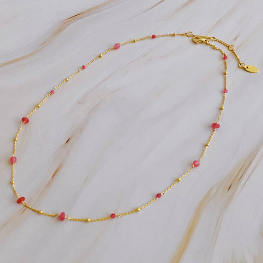 Dainty Precious Stone Bead Necklace: Pink Stone