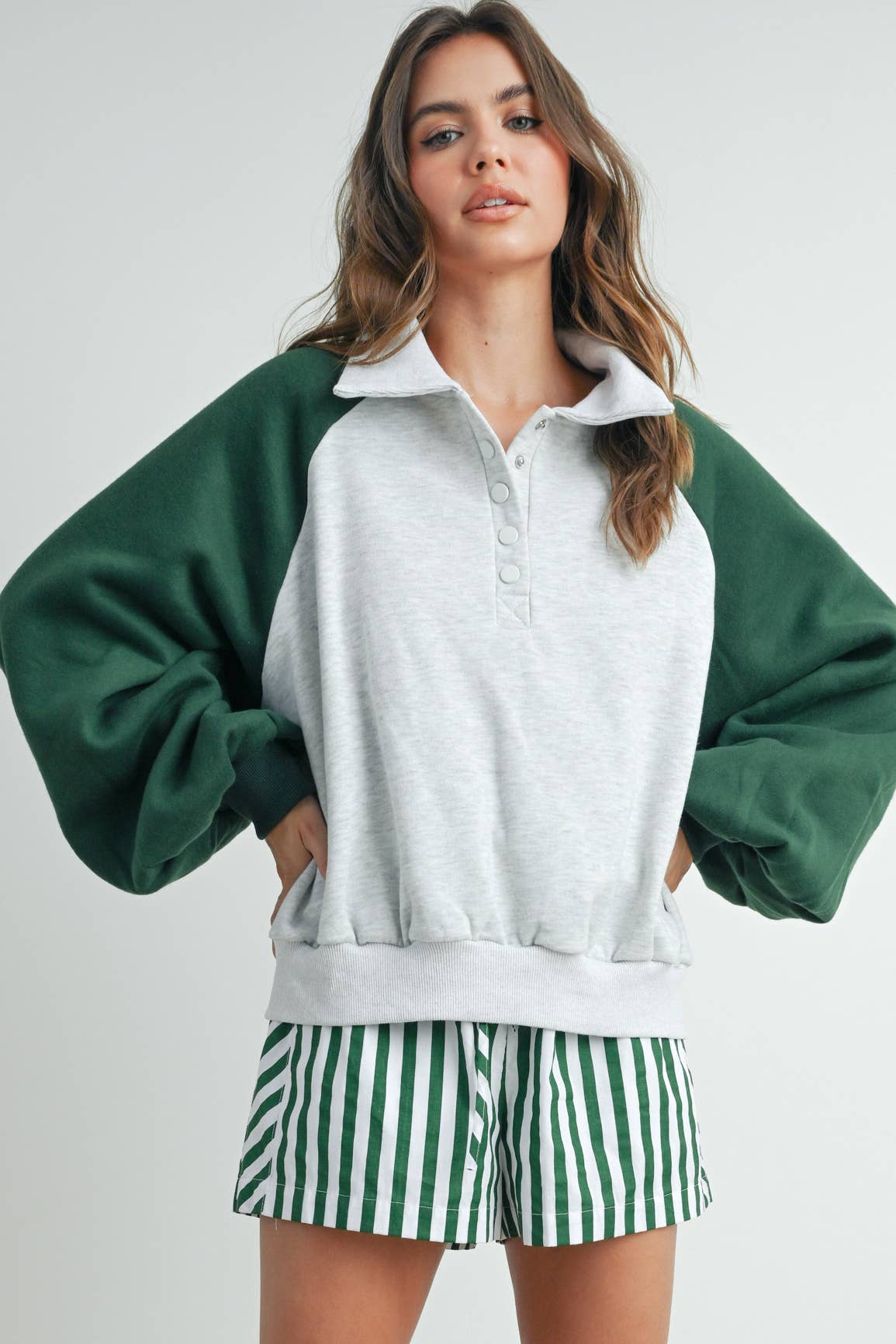 Color Block Classic Polo Sweatshirt - GREEN / GREY