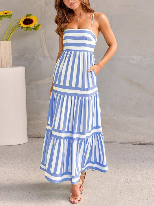 Striped Print Slip Back Pocket Dress: Blue