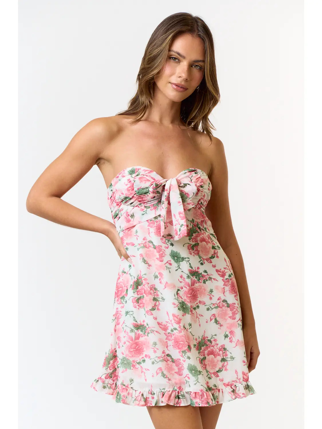 Floral Print Front Tie Ruffled Tube Dress