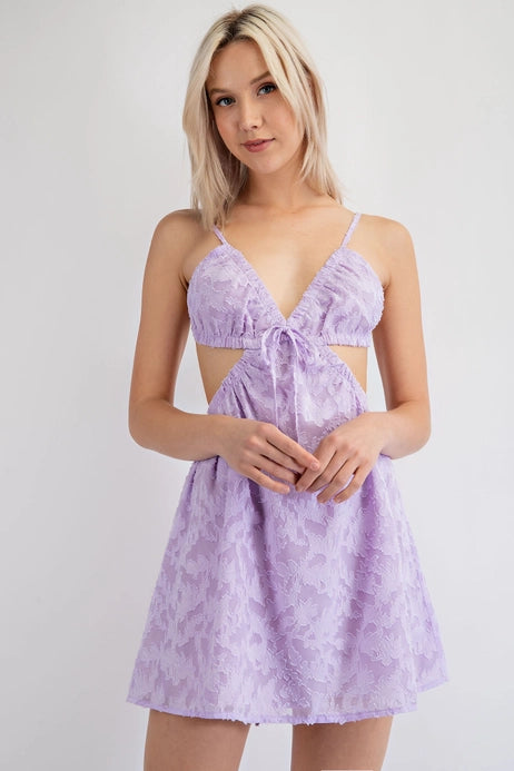 Lilac Floral Embroidered Chiffon Ruched Mini Dress