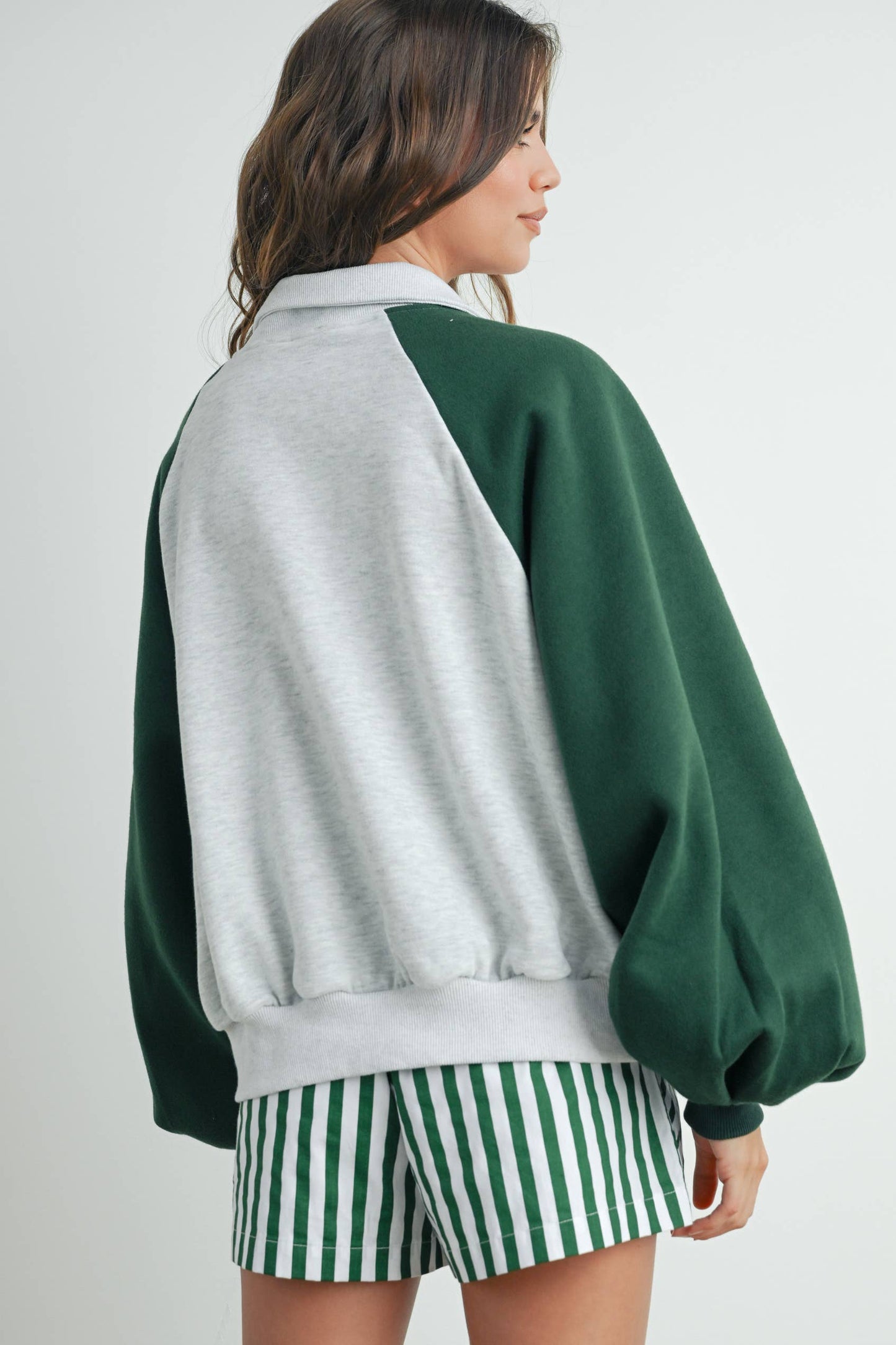 Color Block Classic Polo Sweatshirt - GREEN / GREY